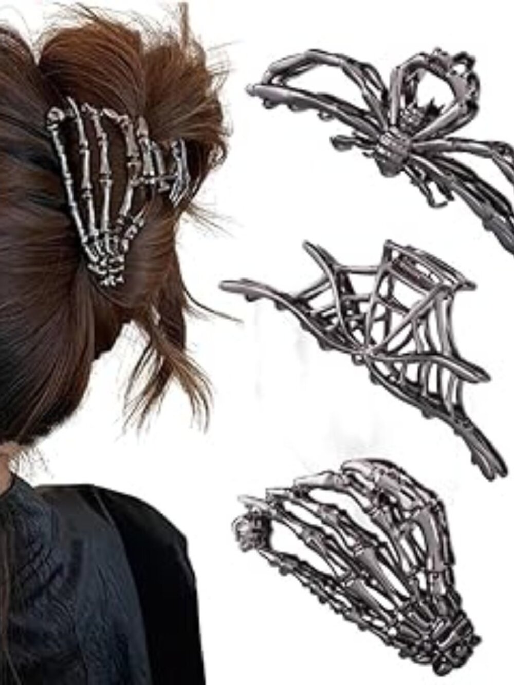 3PCS Black Spider Web Skeleton Hand Skull Hair Claw Clips‎